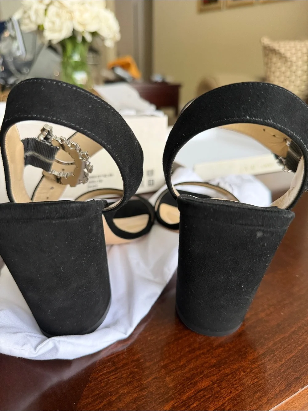 Jimmy Choo Black Suede Crystal-Buckle Block Heel Sandals nwt size 40.5 - Picture 9 of 10